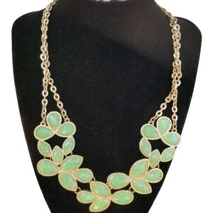 Vintage Gold Tone Mint Green Cabochon Statement Necklace Floral Leaf Bib